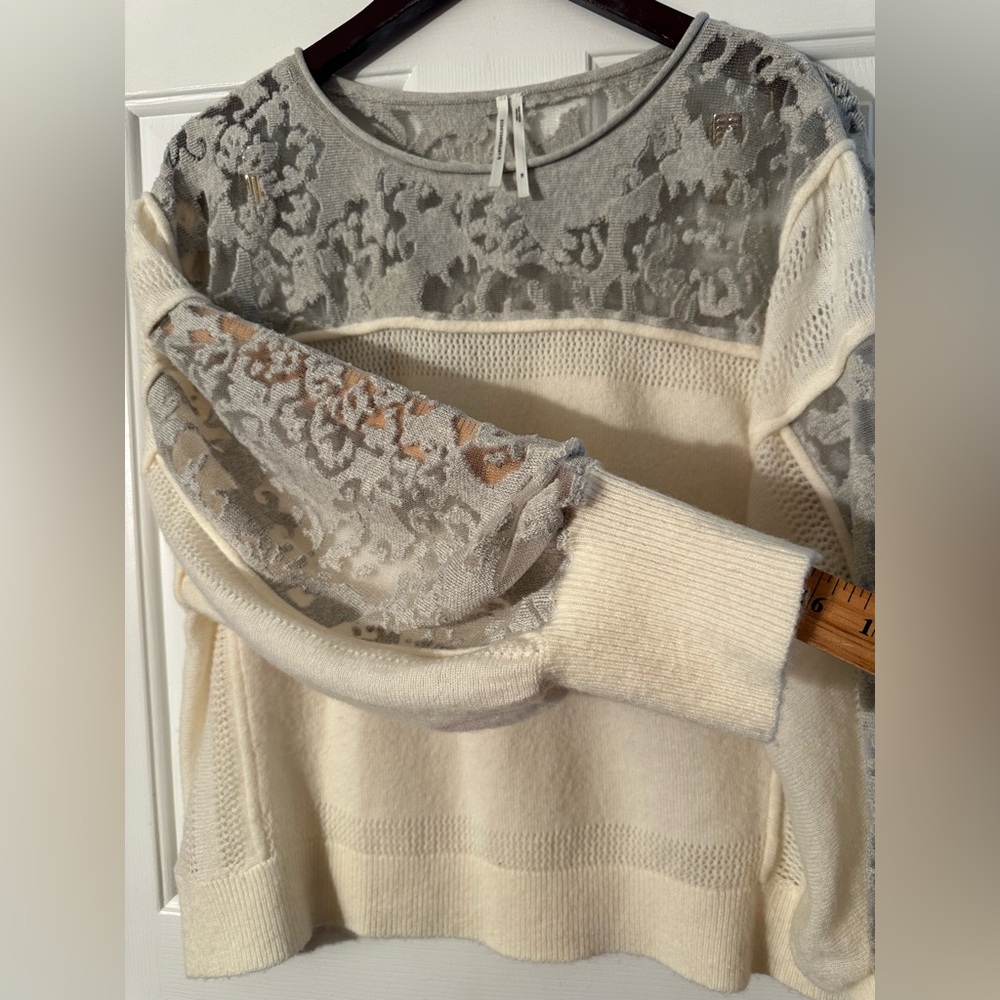 ANTHROPOLOGIE Plus 1X Ivory Pewter Balloon Sleeve Wool Blend Boho Lace Sweater - Picture 12 of 16